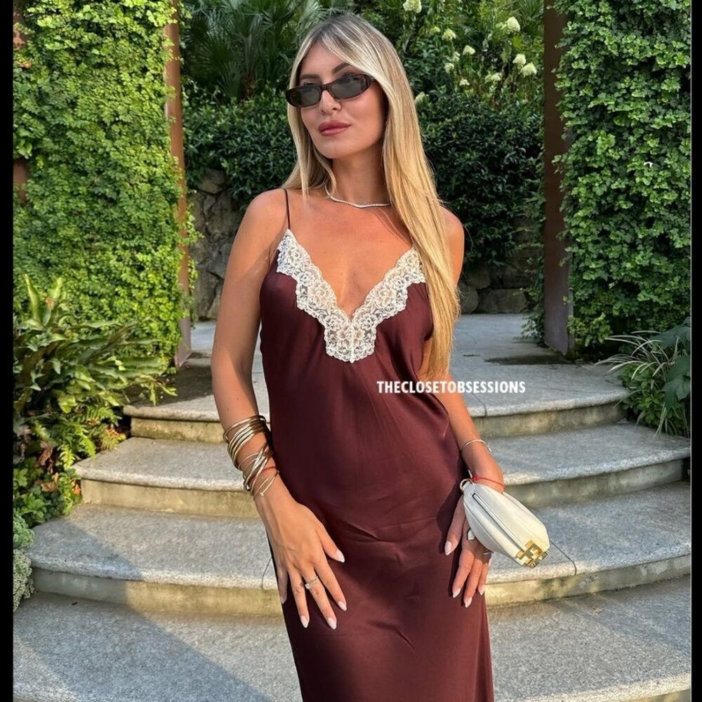 NWT ZARA LACE SLIP DRESS ZW COLLECTION satin silk maxi dress Lingerie Burgundy - Picture 5 of 16